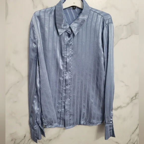 Real Deal Dusty Blue Striped Satin Button-Up Shirt (Size M) - Picture 4 of 8